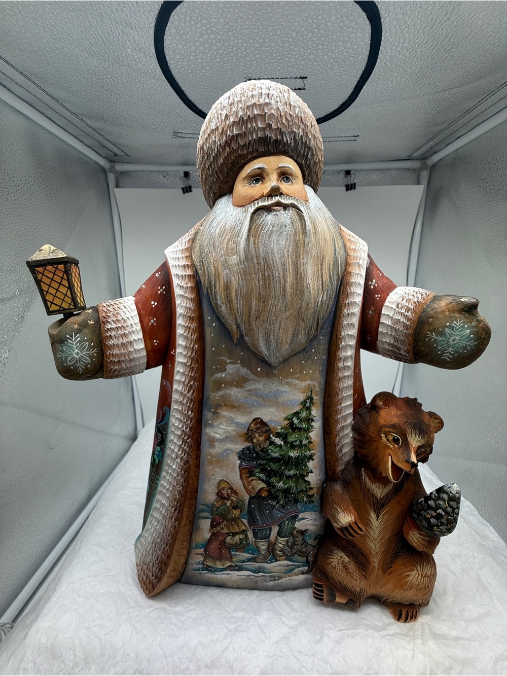 Hand-carved wooden Santa Claus figurine w/bear, G. DeBrekht Masterpiece Collectn